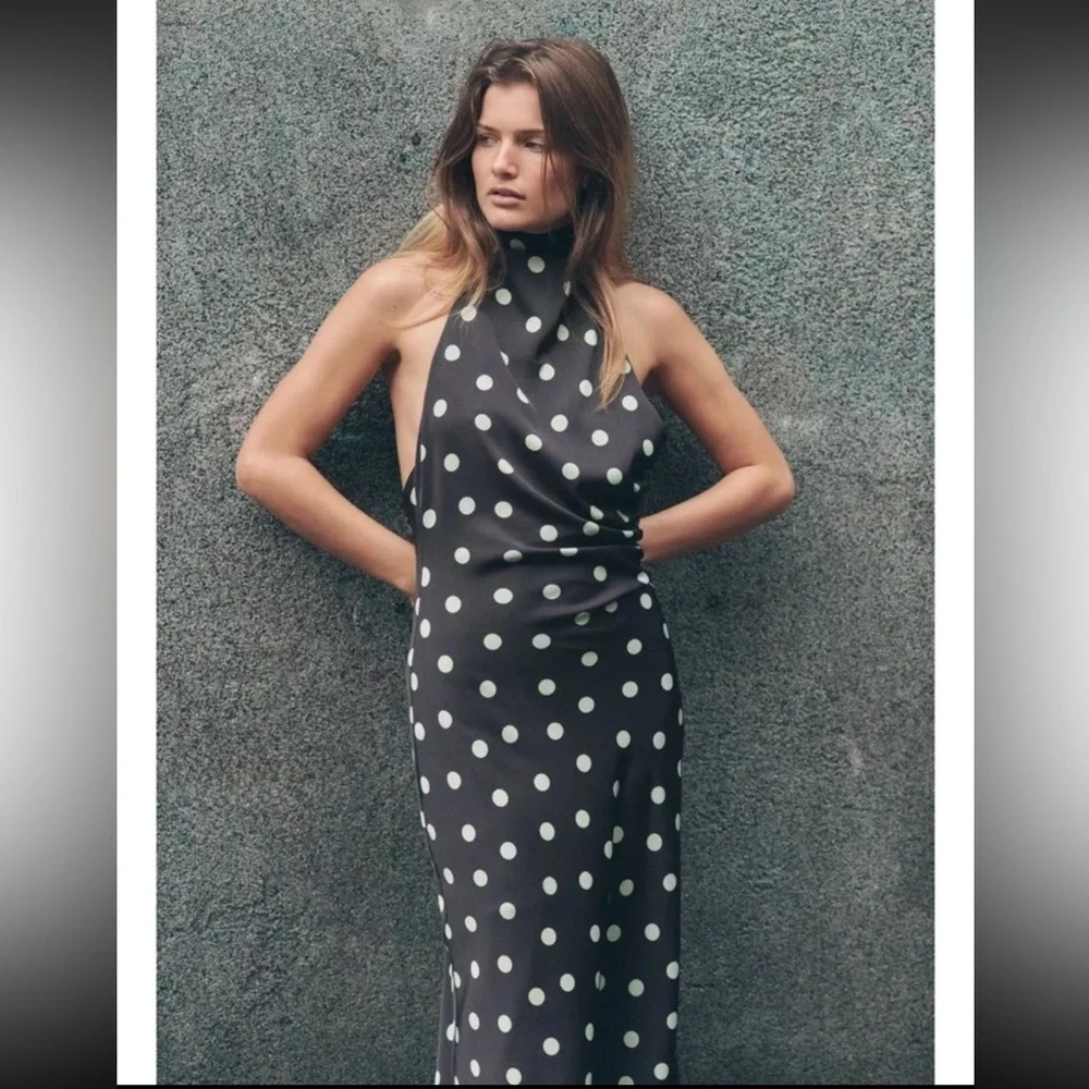 ZARA POLKA DOT SATIN MIDI DRESS - Picture 8 of 15